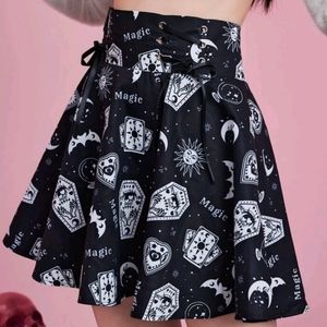 Goth Magic Oracle Coffin Bats Flare Mini Skirt with Lace Up Waist